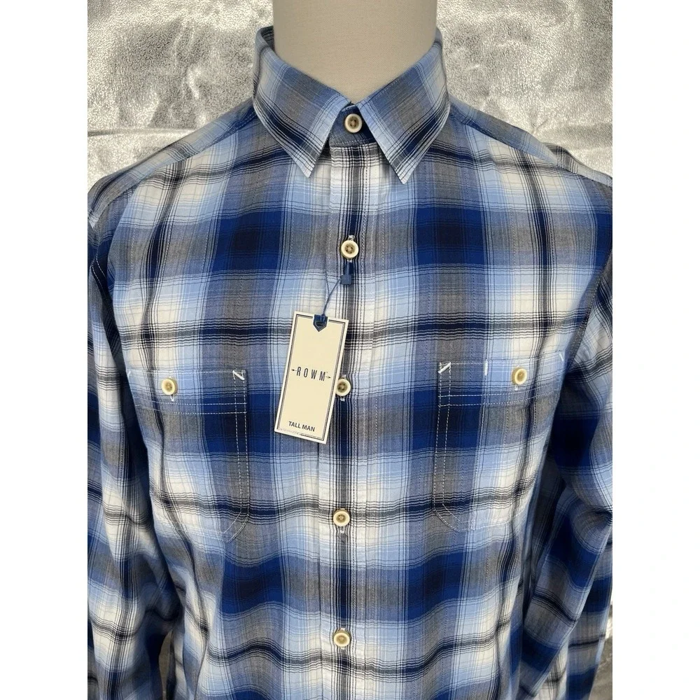 NEW ROWM Shirt Tall‎ Man Men's LT Blue Plaid Long Sleeve Dillards